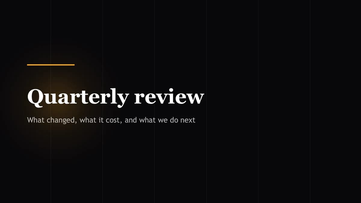 The opening slide of an example deck in the Midnight amber look